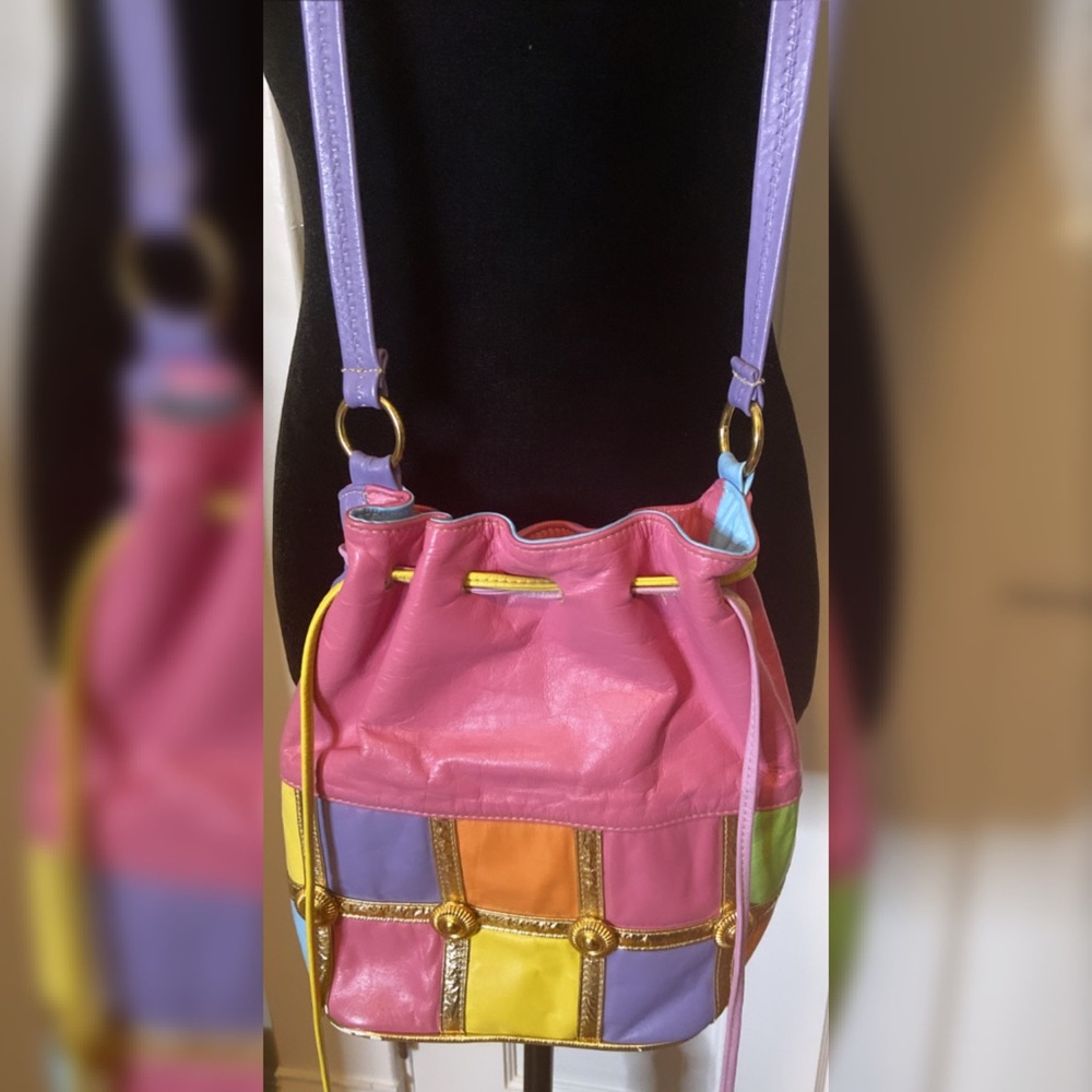 Pastel Colored Genuine Leather Colorblock Bucket Drawstring 80s Purse
